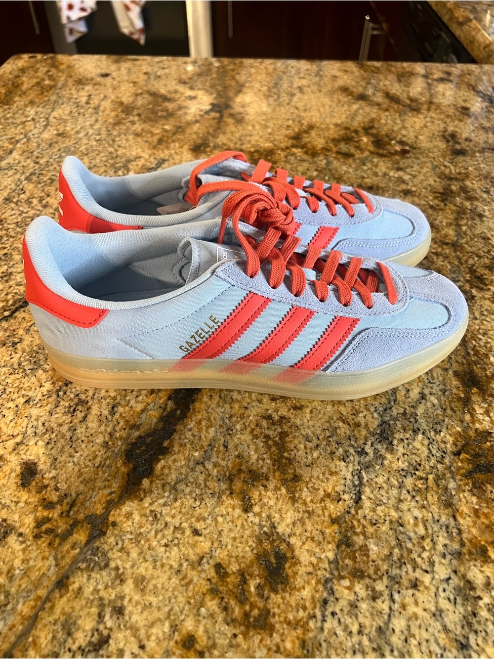 adidas Gazelle Men’s Sneakers — Light Blue with Coral Red Accents
